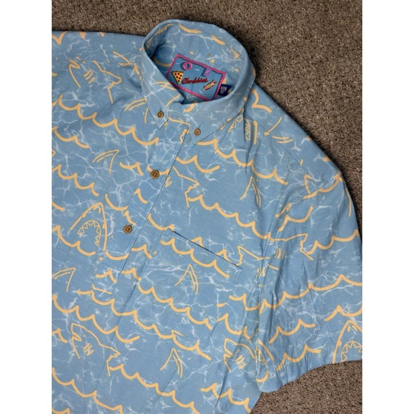 Chubbies Men's Medium Polo Shirt Blue Wave Yellow Shark Print Beach Pool Golf - Picture 1 of 6
